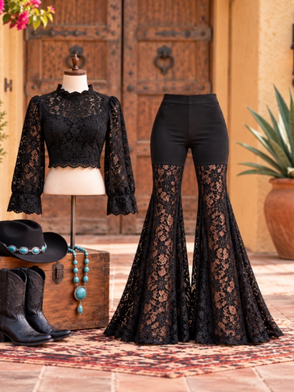 Western Fashion Black Lace Flare Pants + Victorian Lace Crop Blouse